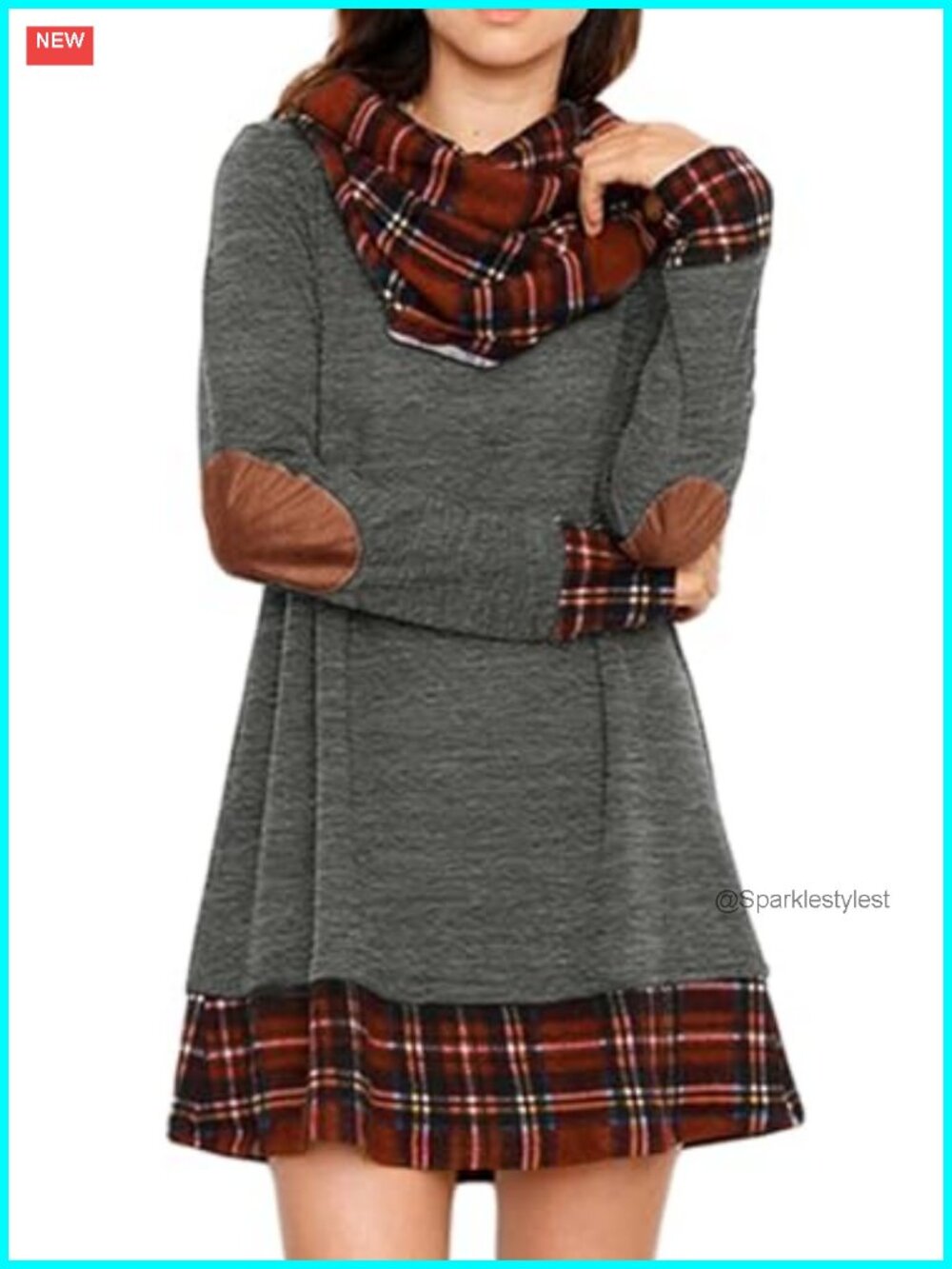 Cowl Neck Plaid Flannel Tunic Sweater Dress Long Sleeve Elbow Patch